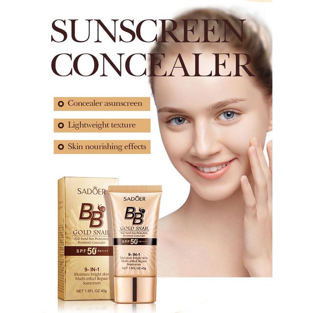40G SADOER SPF50+ Gold Snail Sunscreen BB Cream Foundation Concealer Moisturizing Long Lasting Even Skin Tone Makeup Base Primer