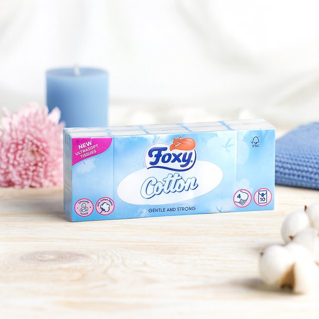 Foxy Cotton Pocket Tissues 4Ply 10Pack Soft Absorbent Facial Tissues for Travel Office School Everyday Use