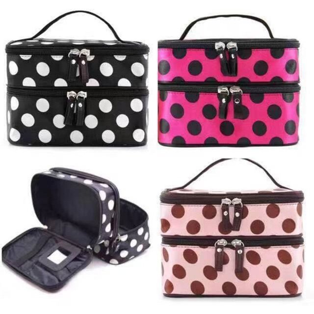 Fashion Double-layer Makeup Bag Polka Dots Portable Toiletry Bag Large Capacity Travel Toiletries Organizer