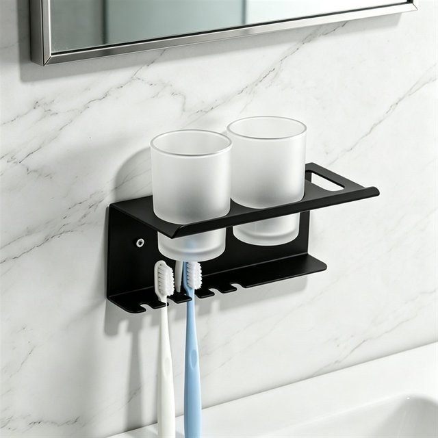 No Drill Aluminum Toothbrush Rack Bathroom Toothpaste Cup Holder Wall Mount Organizer