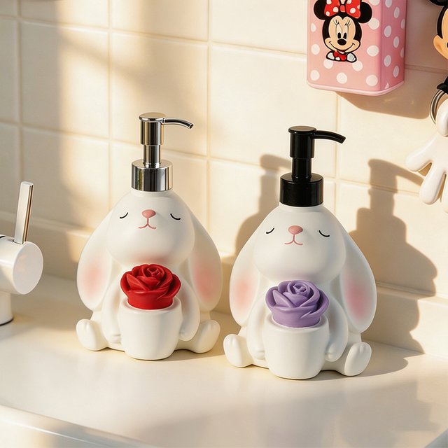 Cute Rabbit Rose Lotion Dispenser Resin Refill Pump Bottle 280ml Bathroom Sink Hand Soap Shampoo Desktop Decor Storage Container