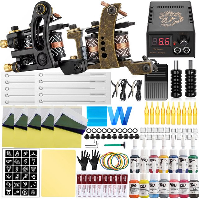 Coils Tattoo Machine Kit Tattoo Power Supply Needles Ink Grips Set for Body Art Tools Set Permanent Makeup Tattoo Beginner Kit