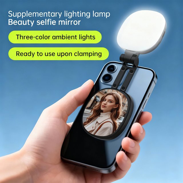 Magnetic Mini 3 Color Dimmable Fill Light With Selfie Mirror Clip On Phone Light Makeup Live Vlog Self Portrait For Smartphone