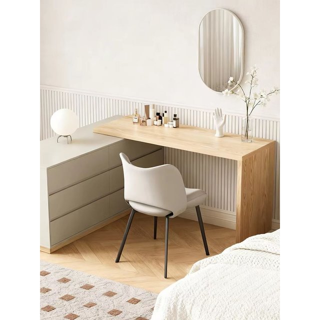 CinderWick Extendable Dressing Table with 6 Drawers – L-Shaped Vanity Desk with Light Grey/Beige Chest & Natural Oak Wood Top, Modular Storage & Makeup Station for Modern UK Bedrooms