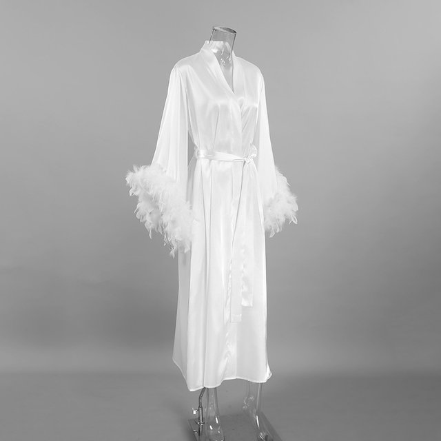 Feather Blush Kimono Robe Boudoir Wedding Floor Length Maxi Dressing Gown Robes Bride to Be Hen Party Stain Silk Lingerie