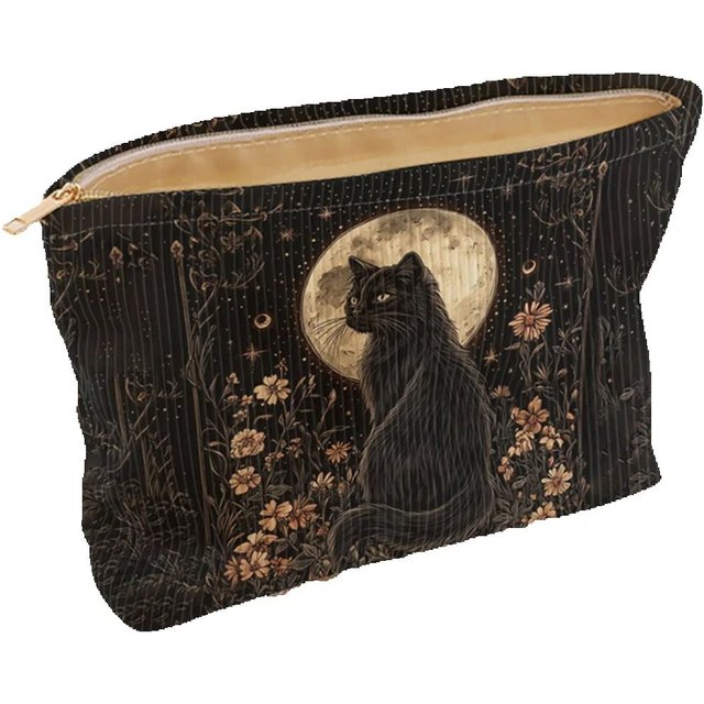 Cat patterned corduroy makeup bag, lightweight zipper storage box, multifunctional bag with lining, used for storing cosmetics
