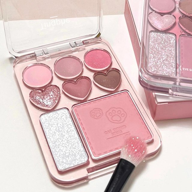 All in One Face Palette Eyeshadow Blush Highlighter Heart Shape Makeup Palette Matte & Shimmer Caramel Pink Brown Nude Earth Ton