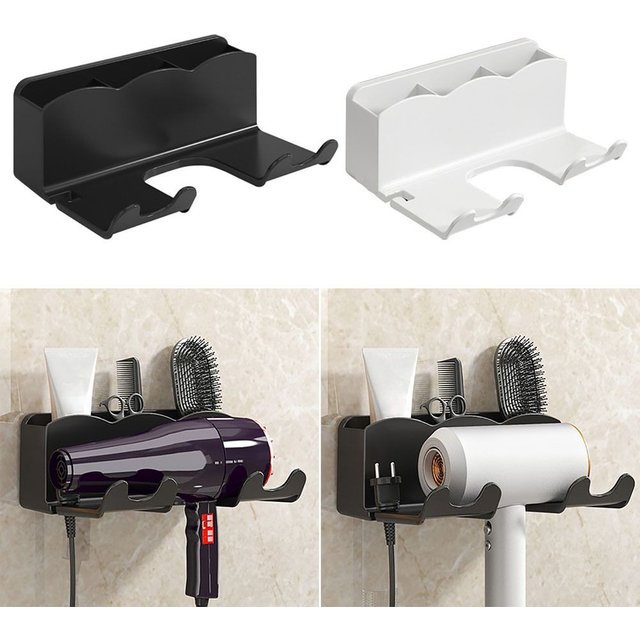 1Pc Black/White Hair Dryer Holder Wall-Mounted Strong Load-bearing Sorting Bracket Multifunctional Plastic Bathroom Organizer