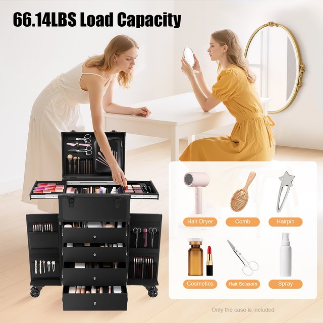 4 Drawers Rolling Makeup Case 40*30*80cm Cosmetology Case with Trolley 6 Wheels Makeup Trolley Sliding Makeup Travel Case for Es