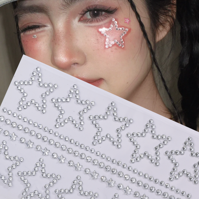 1Pcs 3D Hollow Star Face/Eye Diamond Stickers Pentagram Gem Self-Adhesive Tattoos for Party/Music/Makeup Y2K Stars Tattoo Decals