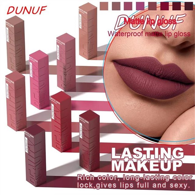DUNUF 8-Color Lip Matte Smooth Easy-to-Apply Velvet Square Gloss Tube Waterproof Three-Dimensional Sexy Plumping Lipstick Makeup