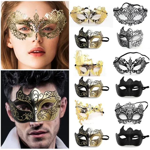 Une paire de magnifiques masques de mascarade vénitiens pour Couple, accessoire de Costumes de fête, masque de fête en filigrane métallique noir argent or