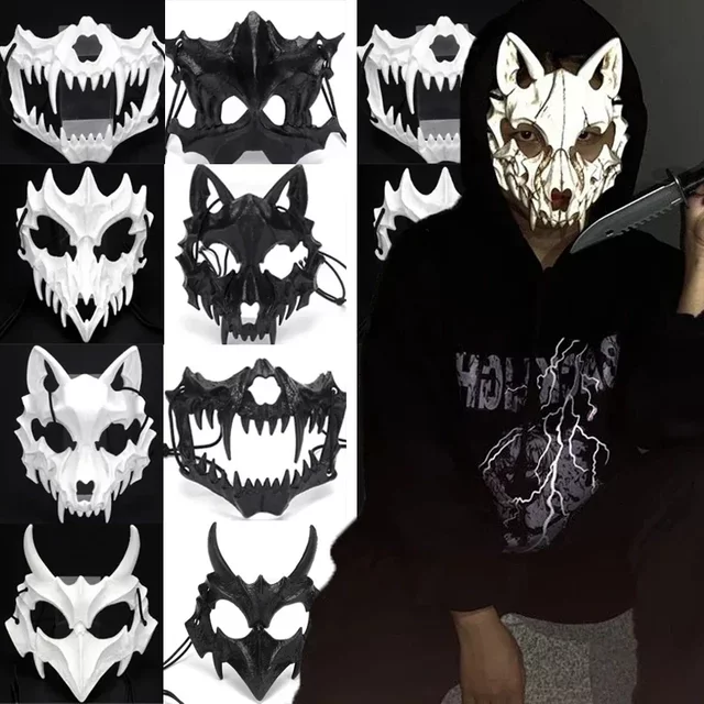 Halloween Half Face Masks Women Men Anime Fox Dragon God Skull Skeleton Masks Horror Carnival Party Cosplay Costume Props