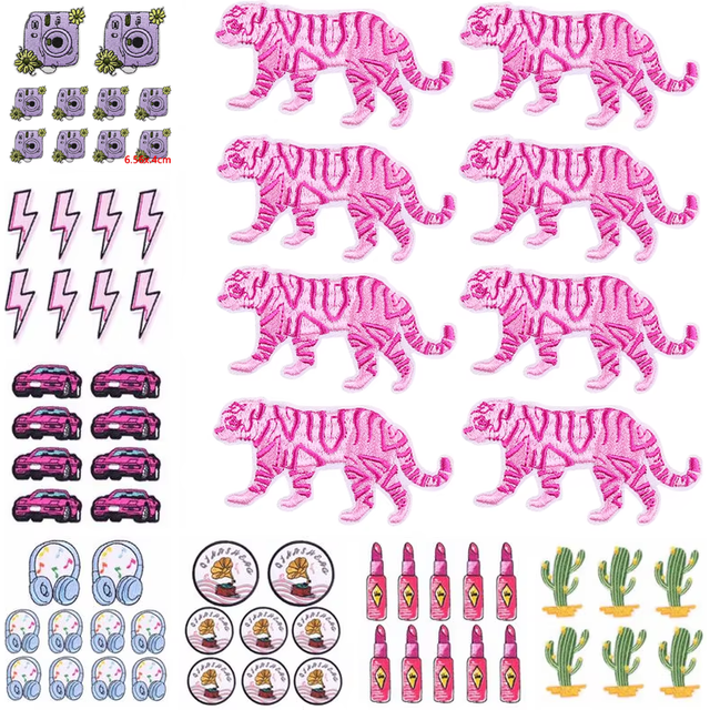 10PCS Wholesale Pink B Car Lipstick Embroidered Patch Cartoon Iron On Patches For Clothing Thermoadhesive Patches On Clothes DIY
