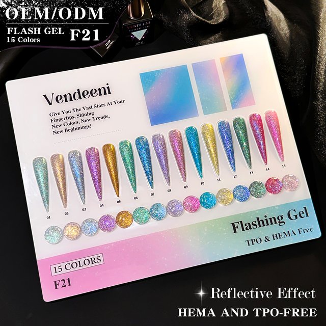 Vendeeni Hot Sale 15colors Reflective Disco Gel Polish Collection FREE TPO HEMA OEM/ODM Flash Diamond Glitter Gel Nail Polish