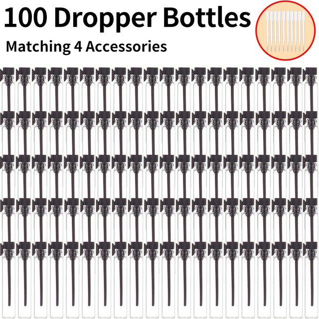 100 pièces + 10 accessoires échantillon de parfum rechargeable en verre de 1 ml avec 100 flacons compte-gouttes, 10 pipettes de 0,5 ml
