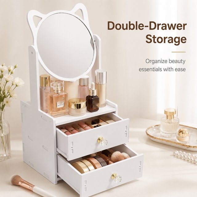 Cute cat shaped makeup organizer with 360 ° rotating mirror and double drawer makeup storage box