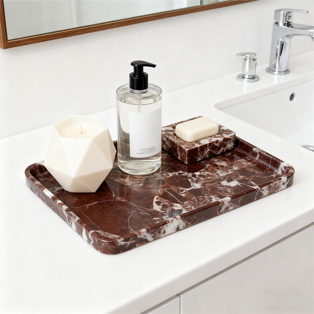 Natural Purple Marble Tray, Rectangular Stone Dish for Vanity, Bathroom Counter, Versatile Organizer for Makeup, Jewelry