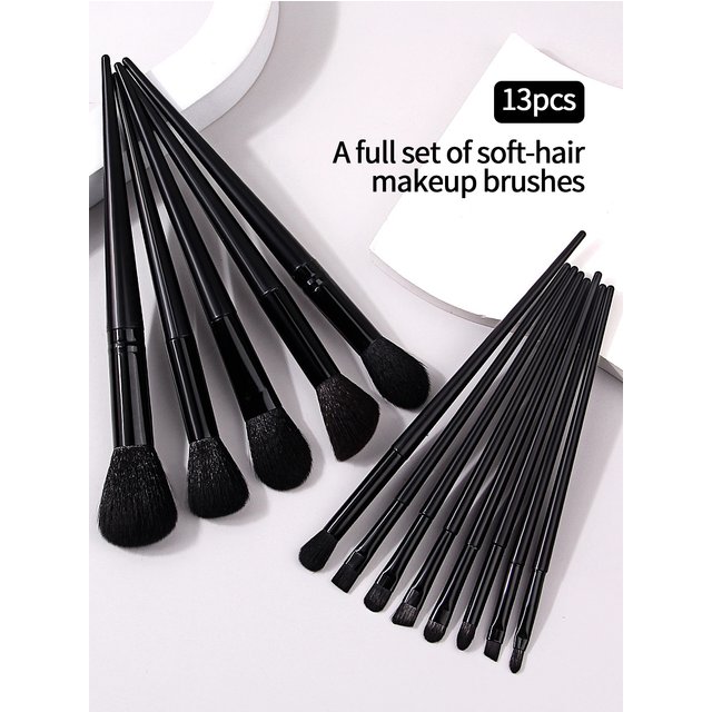 13 Pcs Black Makeup Brush Set - Professional Cosmetic Brush Kit for Foundation, Contour, Eyeshadow, Blush, Highlighter, Vegan Cr