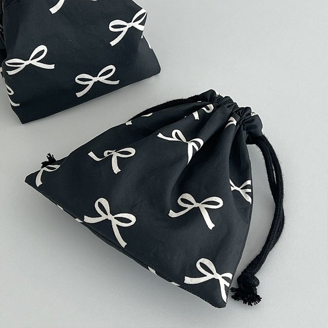 Korean Bow Storage Bag Cotton Polyester Sweet Kawaii Drawstring Bag Lipstick Portable Makeup Bag Travel Organizer Accessories