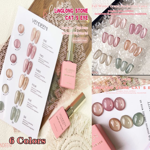Vendeeni 6-Colors Set Pink Jelly Cat Eye Gel Nail Polish UV LED Nude Skin Crystal Magnetic Manicure Varnish with Color Card