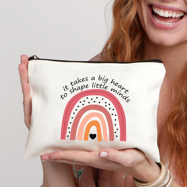 It Takes A Big Heart To Shape Little Minds Rainbow Pattern Cosmetic Bag Toiletry Makeup Bags School Pencil Case Teachers Gift