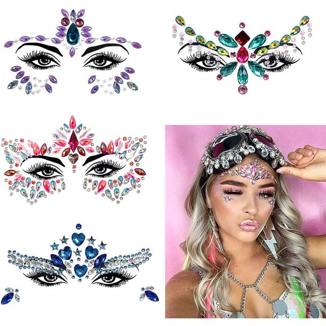 Nouveaux autocollants 3D en strass pour le maquillage de festival, pierres brillantes, bijoux autocollants en cristaux, décorations faciales en diamants