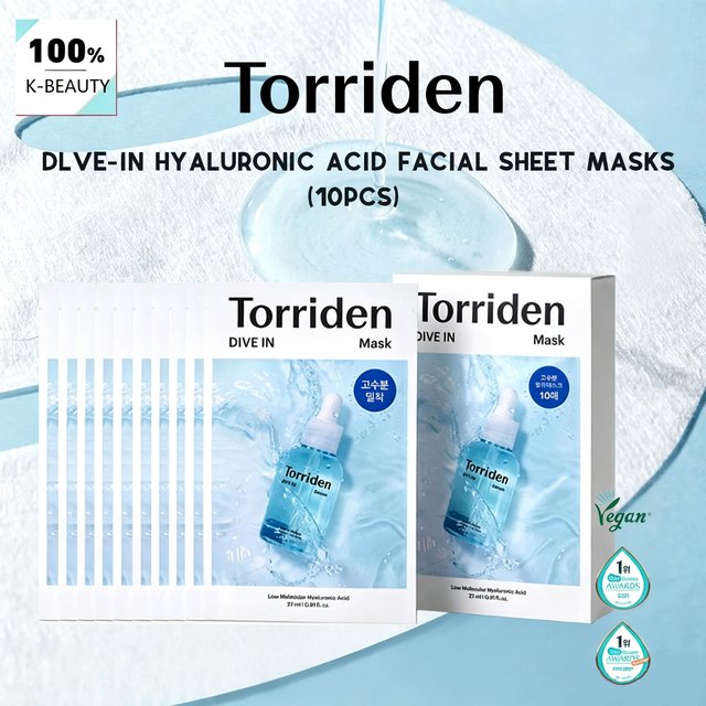 Torriden DIVE-IN Hyaluronic Acid Facial Sheet Masks 10pcs,Thin & Skin-Fit,Deep Hydration,Weekly Treatment,K-Beauty,Korean Makeup