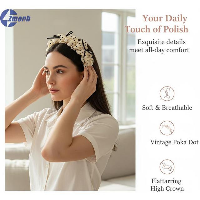 New!2pcs Vintage Polka Dot Bow Headband Women Hair Hoop High Cranial Top Princess Style Hairband Daily Makeup Washing Hair