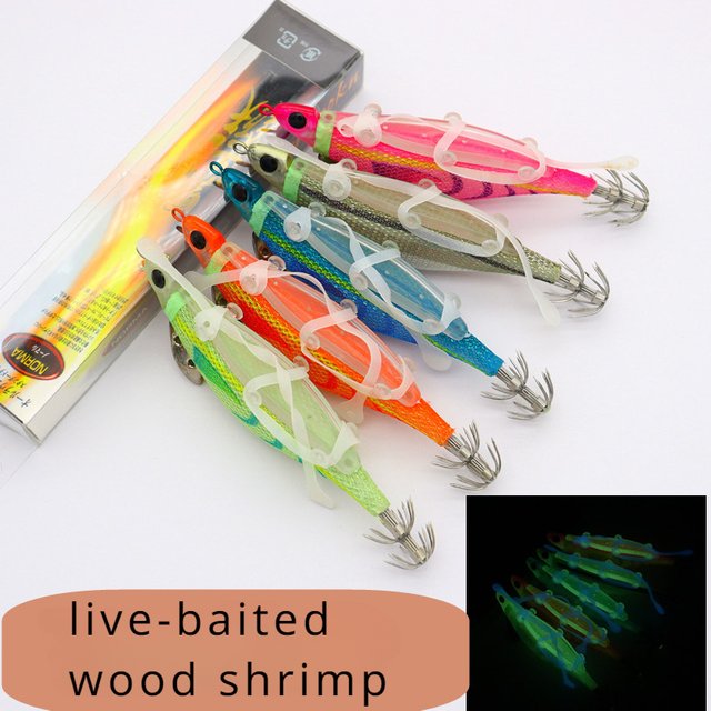 Crochet de calmar appât vivant 21g crevettes en bois parfumées charbon Tube de soufflage crochet lueur dans le noir Imitation crevettes crochet retourné