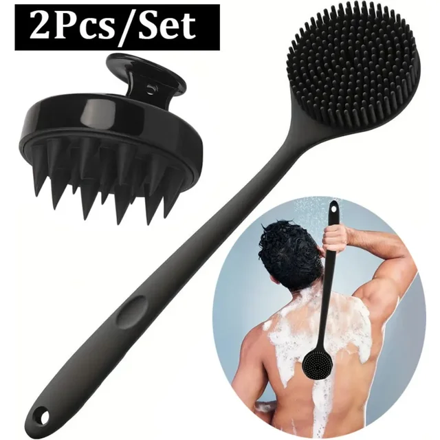 2Pcs Bath Brush Set Soft Silicone Bath Brush Body Scrubber Brush Handle Exfoliating Back Scrub Skin Massager Body Care Bath