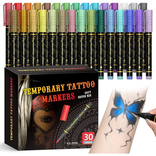 30-Piece/Color Temporary Tattoo Marker Set, Safe, Non-Toxic, Skin-Friendly Body Painting Pens Suitable for Adults, Makeup Artists, and Party Enthusiasts, DIY Temporary Tattoo Face Painting, Suitable