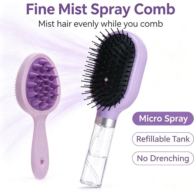 2-in-1 Fine Mist Spray Hair Brush, Refillable Water Tank Micro Mist Detangling Massage Comb for Smooth Hair Styling