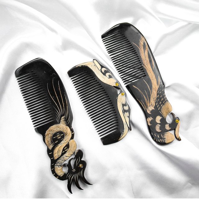 Real Cow Horn Dragon Phoenix Peacock Comb Hair Brush Health Handmake Scalp Massage Anti-static Detangle Woman Mother Craft Gift