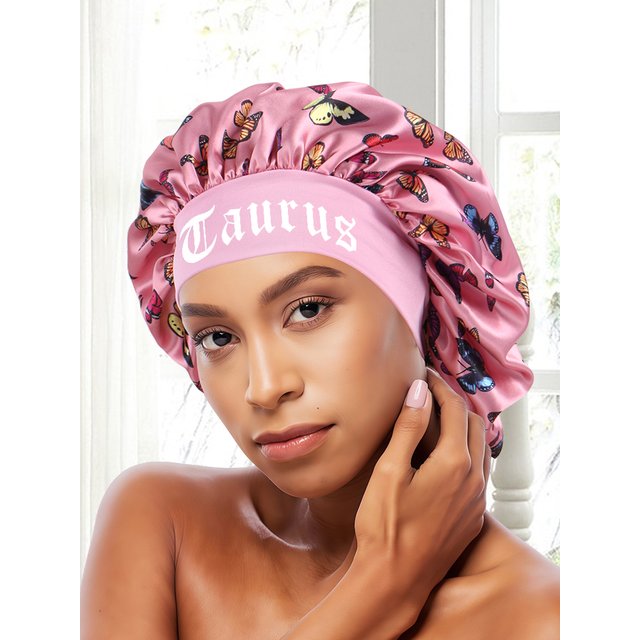 1PC Pink Butterfly Satin Sleep Bonnet & Headband Set - Adjustable Hair Protector for Daily, Makeup & Skincare Constellation