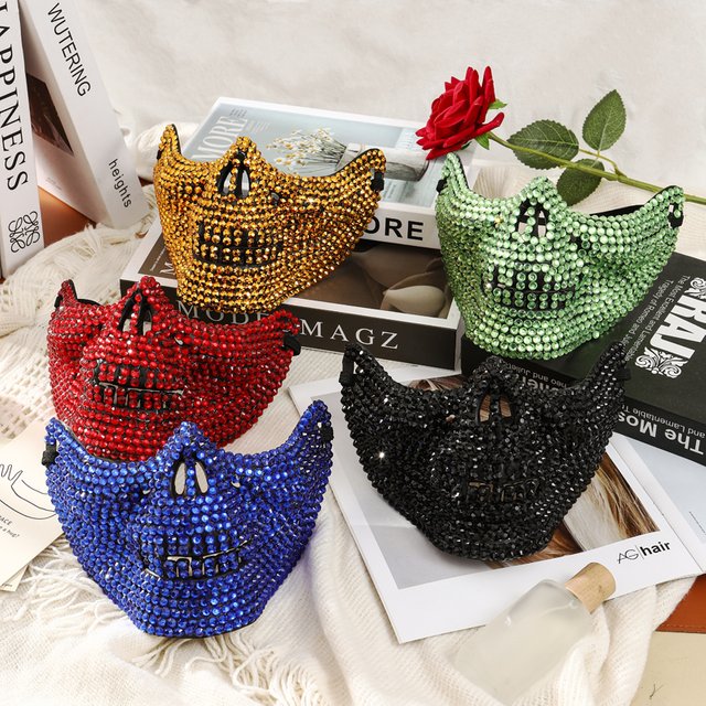 Rhinestone Skull Half Face Mask, Crystal Studded Gothic Mask for men Women Halloween Party and Cosplay