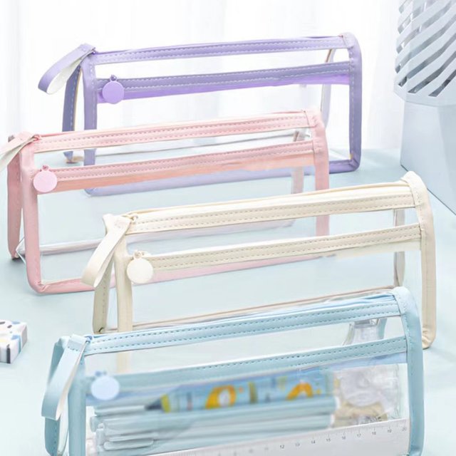 Transparent PVC Pencil Case Waterproof Large Capacity Double Layer Pen Bag Ins Style Makeup Bag Storage Bag School Stationery