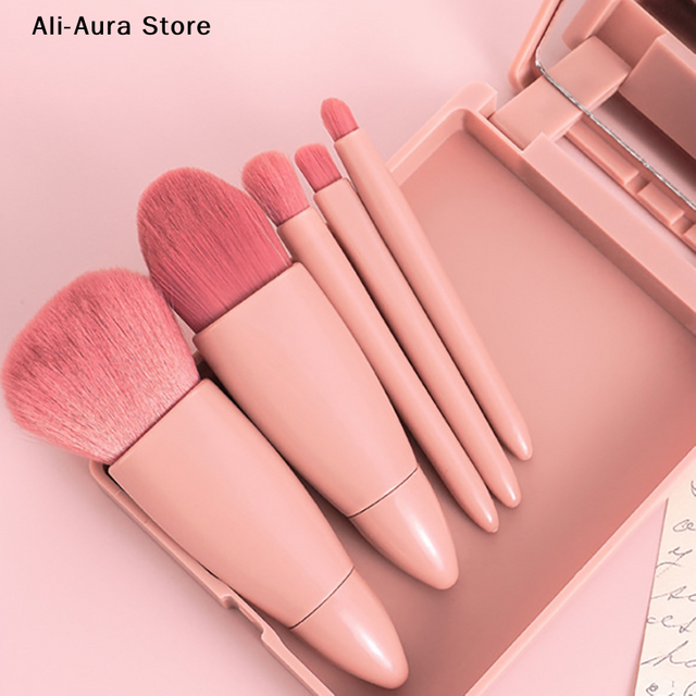 5Pcs Travel Size Makeup Brushes Set Mini Makeup Brushes, Small Complete Function Cosmetic Brushes Kit With Case And Mirror Perfe