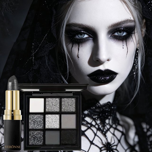 2pcs Gothic Style Makeup Set,Black Lipstick & Long-Lasting Waterproof Eyeshadow Palette,Smoky Black Shades for Halloween,Parties
