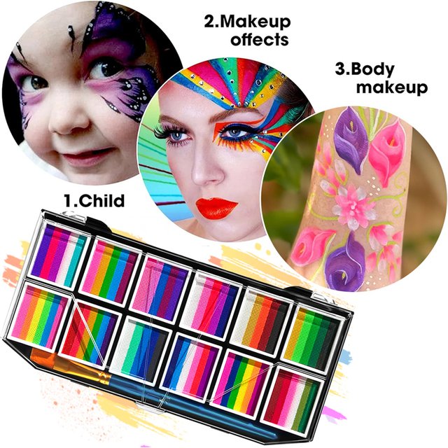 12 Gird Water-Based Rainbow Palette Children's Face Body Paint,Washable Ideal for DIY Crafts,Halloween Stage Makeup,Face Paint