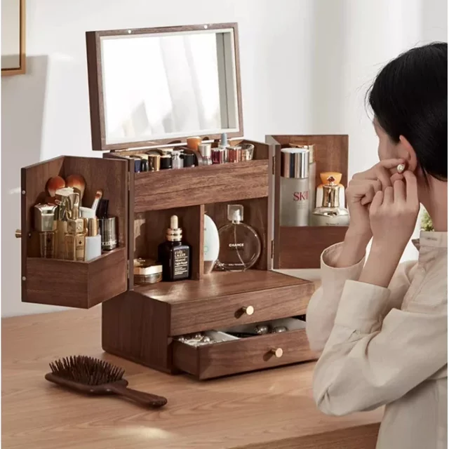 Black Walnut Makeup Organizer Square Multi-Layer Storage Boxes for Makeup Large Capacity HD Makeup Mirror Stand