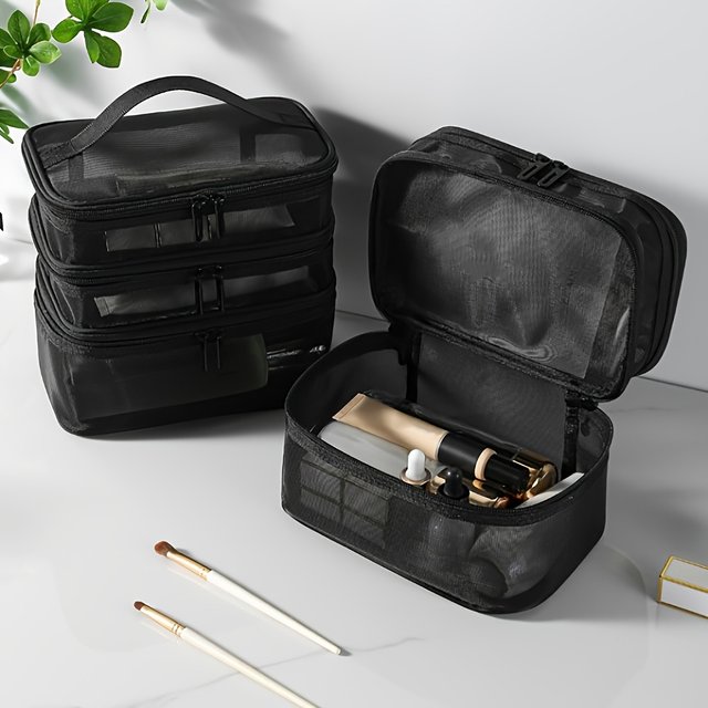 Three-Dimensional Mesh Toiletry Bag, Thick Black Mesh Makeup Bag, Large Capacity Handheld Transparent Cosmetic Storage Bag