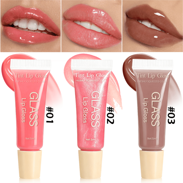 3-Color Glass Tint Lip Gloss, Long Lasting Non-Sticky Hydrating Plumping Gloss, For Natural Juicy Shiny Lip Looks