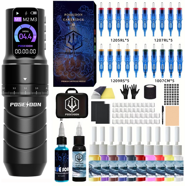 POSEIDON Tattoo Kit Or Tattoo Machnie Professional For Permanent Makeup Tattoo Machine Kit Wireless Power Supply Tattoo Gun Kit