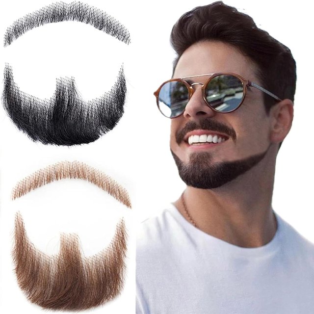 Fake Beard Realistic Human Hair Handmade Facial Hair Goatee False Beards Lace Invisible Fake FaceMustache Cosplay Costume Party