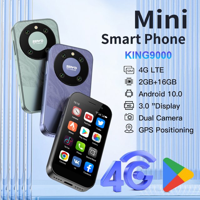 SERVO KING9000, petit téléphone portable Smartphone, écran HD 3.0 ", Android 10.0, réseau 4G, persévérance, 2 Go + 16 Go, 2000mAh,Reconnaissance faciale , mini téléphone portable