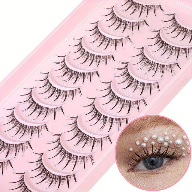 10 Pairs Wet-Look Lashes – Manga-Style Natural Cluster Lashes, Anime False Eyelashes, Fine and Fluffy, Korean Makeup Style, Cle