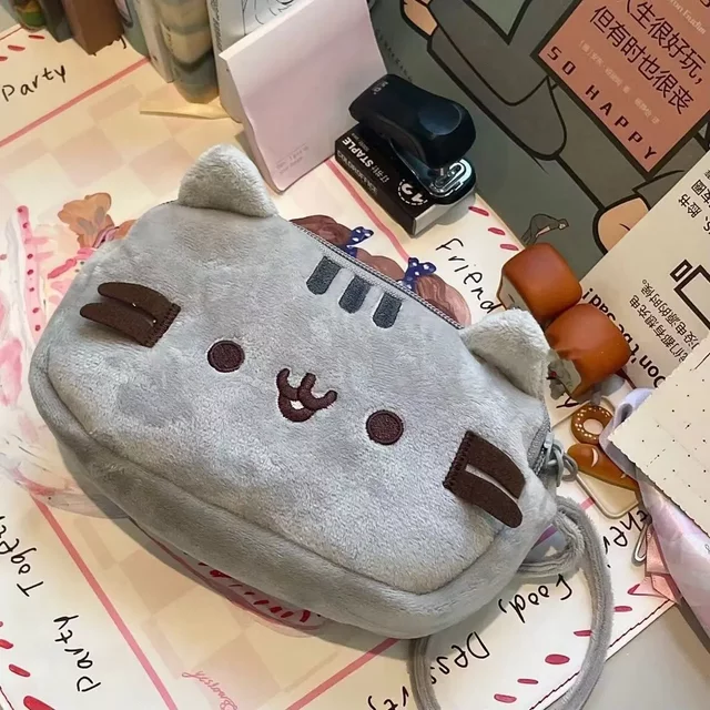 Cute Grey Cat Pencil Case Large Capacity Double Zipper Stationery Bag Portable Handheld Cosmetic Storage Pouch for Student