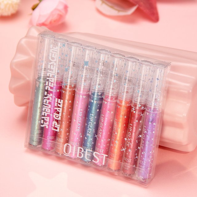 QIBEST 9Pcs/Sets Glitter Lip Glaze Liquid Lipstick Set Shine Lip Gloss Gift Box Natural Moisturizer Waterproof Lips Makeup
