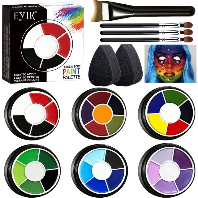 EYIR 6 Color Face Body Paint Palette SFX Makeup Kit With Flat Brush Detail Brushes Sponge Water Activated Cosplay Halloween